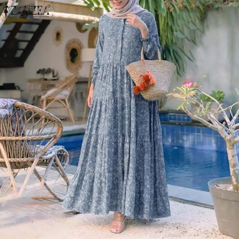 

2023 Autumn ZANZEA Retro Floral Print Muslim Dress Womens Fashion Rayon Long Vestidos Casual Loose Ruffle Dresses Oversized