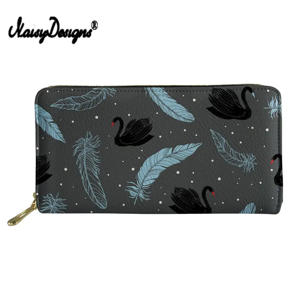 

NOISYDESIGNS Luxury Women Long Wallets Elegant Black Swan Print Ladies Purse Card Leather Holder Cartera Mujer Phone Money Bag