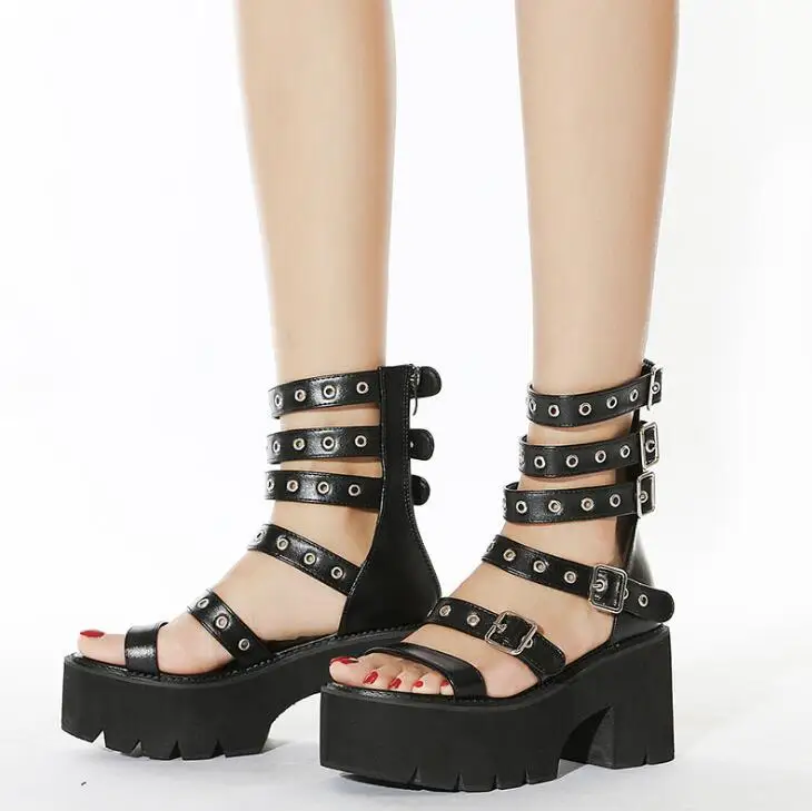 2020 summer women sandals platform wedge sandals women zipper solid summer shoes gladiator sandals Ladies Black High Heels