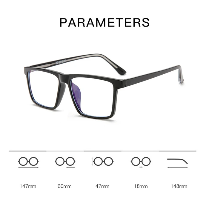 Anti-Blau-Strahlen, übergroße Kurzsichtigkeitsbrille, Damen und Herren, TR90, quadratisch, verschreibungspflichtige Brille, Dioptrien 0–0,5–0,75 bis –6,0 – Detail 4