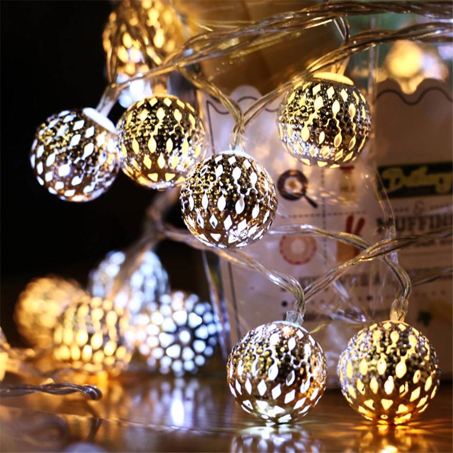 Led Light String Battery USB Power Hollow-out Moroccan Balls Garland  Fairy Lights Wedding Party Christmas Decoration Lamp