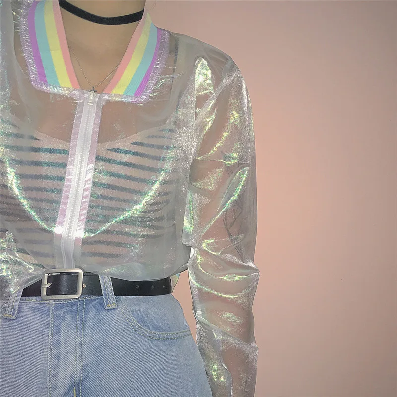 Harajuku Summer Bomber Jacket for Women, Laser Rainbow, Symphony, Hologram, Clear, Iridescent, Transparent, Bomber Jacket