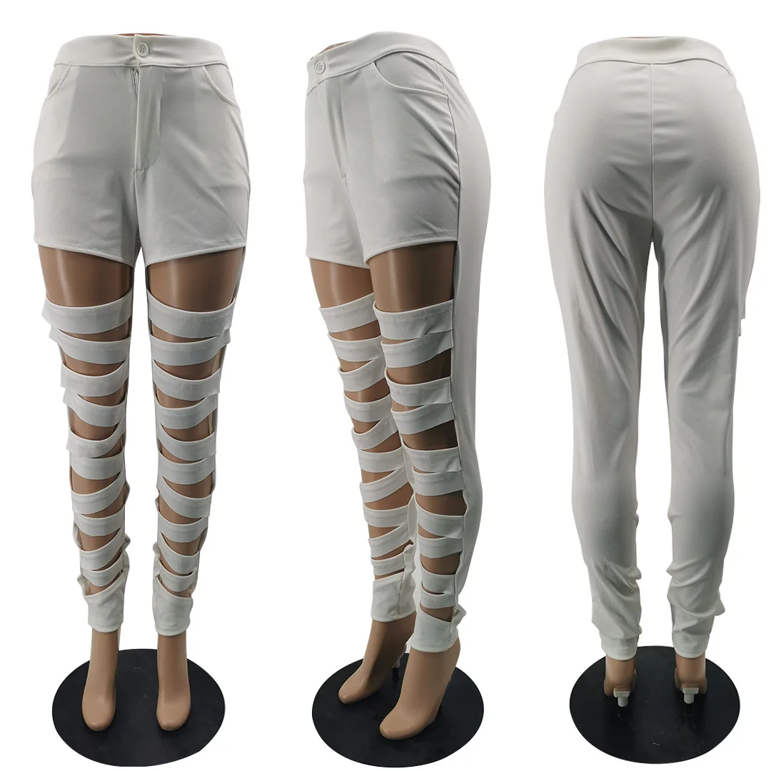 2023 Hollow Out Sexy Pencil Pants Women High Waist Bandage Leggings Clubwear Party Pants Female Solid Trousers