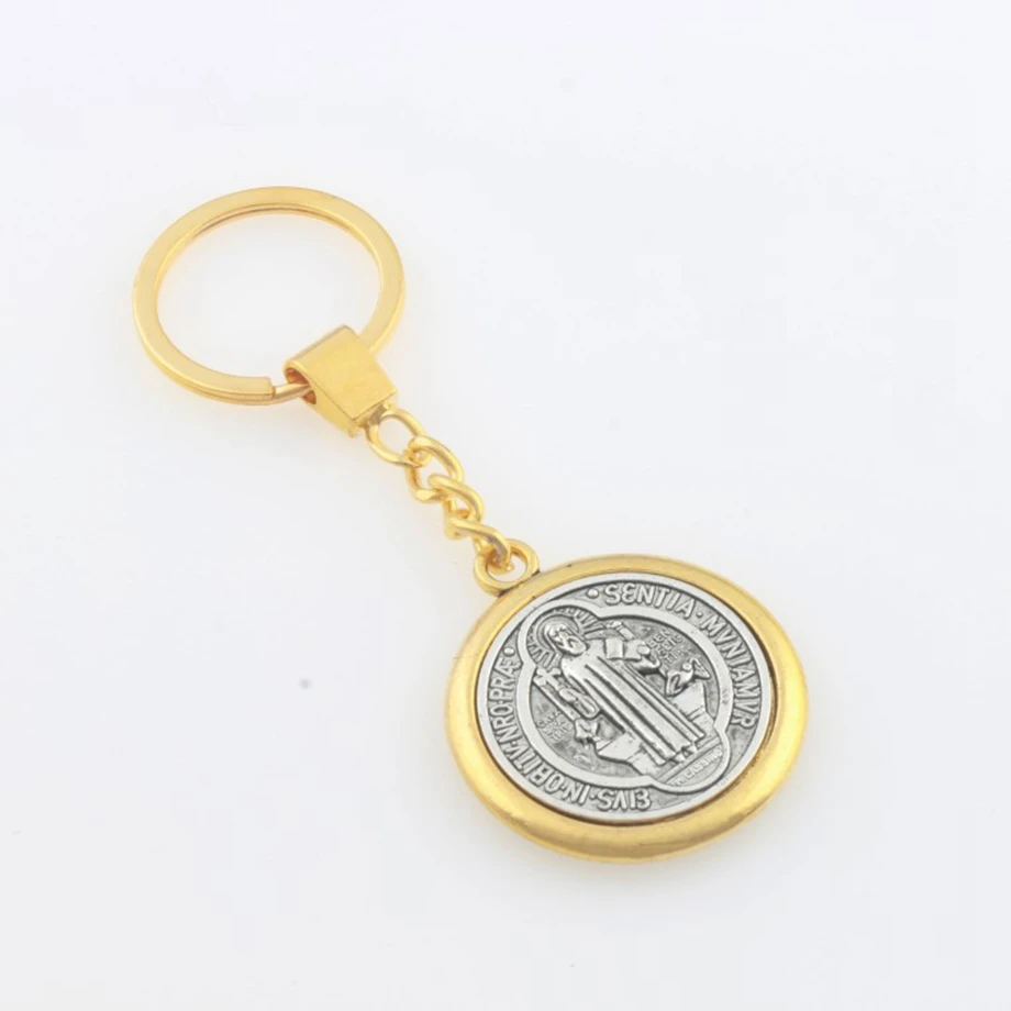 10pcs 30mm keychain Saint Benedict Exorcism Medal Catholic Cross Pendants Key Rings Travel Protection K1697