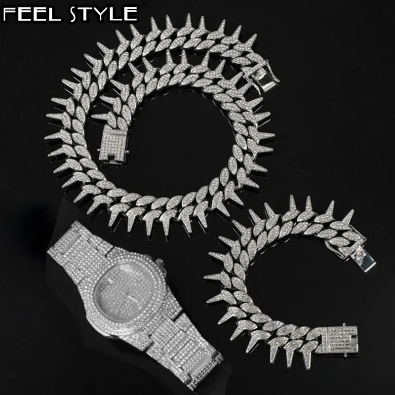 

Hip Hop 25MM 3PCS KIT Heavy Watch+Thorns Necklace+Bracelet Bling Crystal AAA+ Iced Out Cuban Rhinestones Chains For Men Jewelry