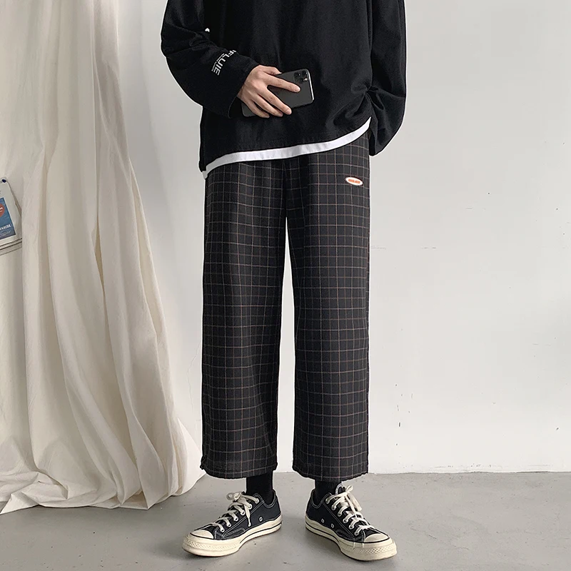 New men and wild self-cultivation personality stitching retro plaid casual nine overalls pantalon hombre