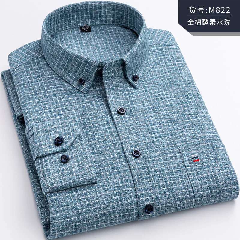 100% Cotton Long Sleeve Shirt Plaid 7XL Middle-aged Business Slim Fit Shirt Men Casual Korean Clothes Oversized Button Up Shirt