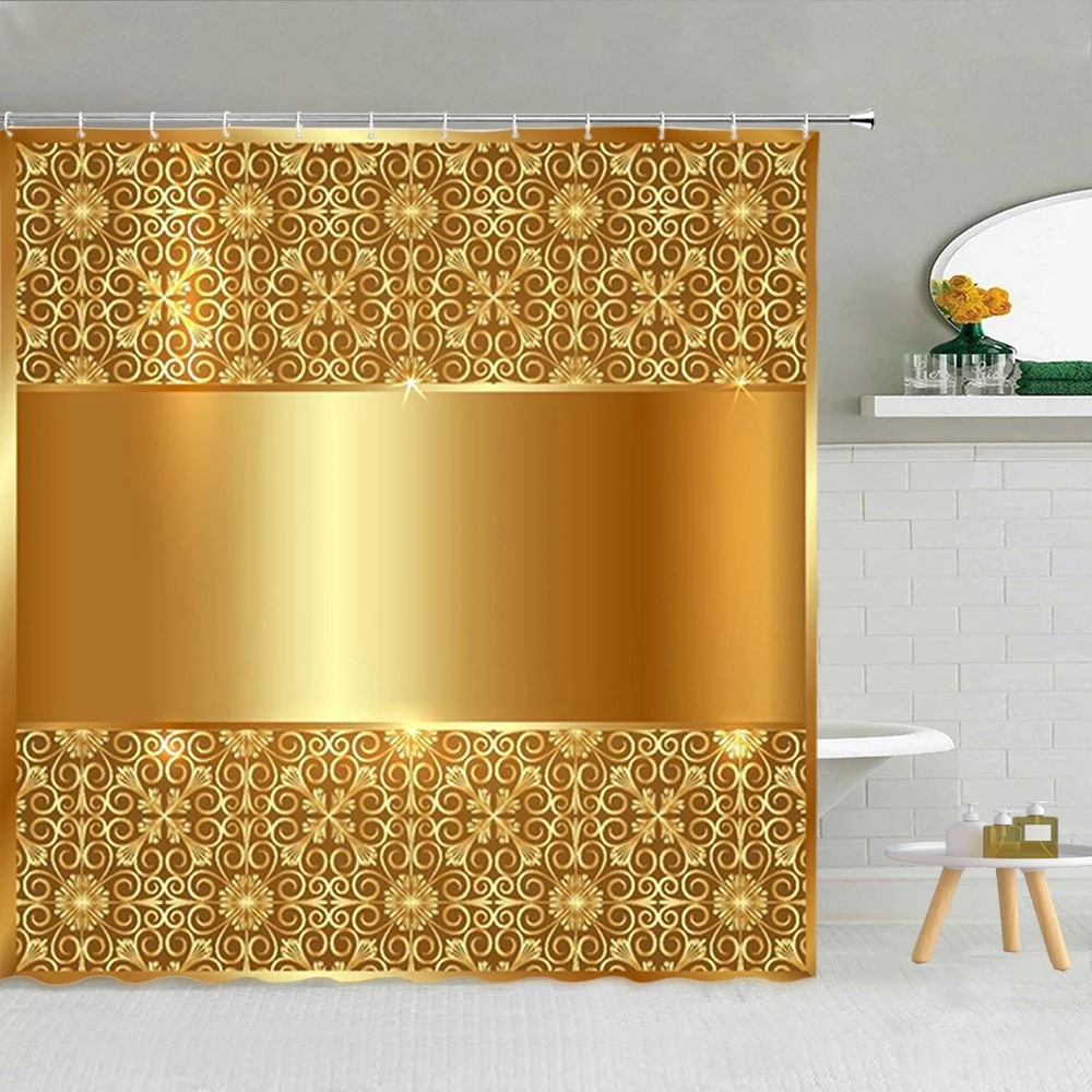 Geometric Pattern Colorful Shower Curtain Luxury Gold Waves Marble Texture Bathroom Decor Waterproof Fabric Cover Hooks Curtains