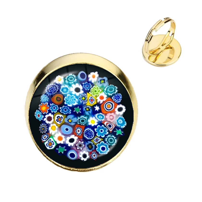 Murano Millefiori Ajustable Rings MultiColour Flower 16mm Glass Cabochon Ring Jewelry For Women Men Gift Wholesale