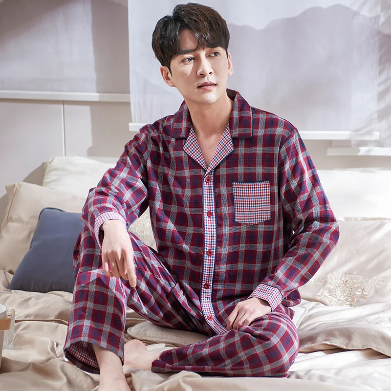 Men Plaid Splice Nightwear Autumn Woven Cotton Long Sleeve High Quality Pajamas Casual Cardigan Homewear Big Yards Pijama Hombre