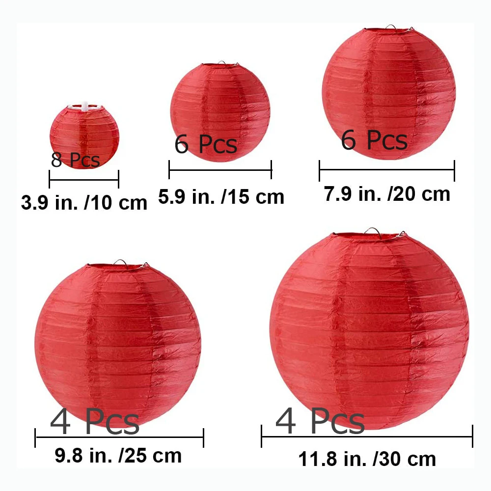 28 Pcs 5 Sizes Chinese New Year Decorative Red Paper Lanterns Japanese Round Lantern for Spring Festival Wedding Party Decor