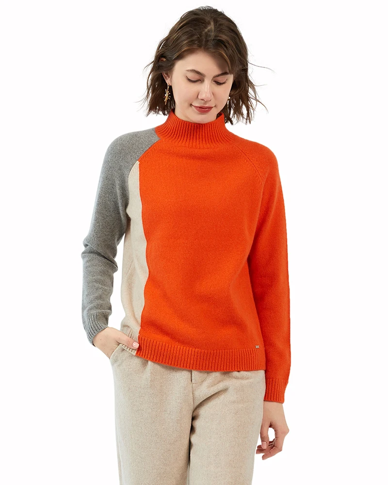 

Zhili Women's 100% Cashmere Splice Color Mock Neck Long Sleeve Sweater