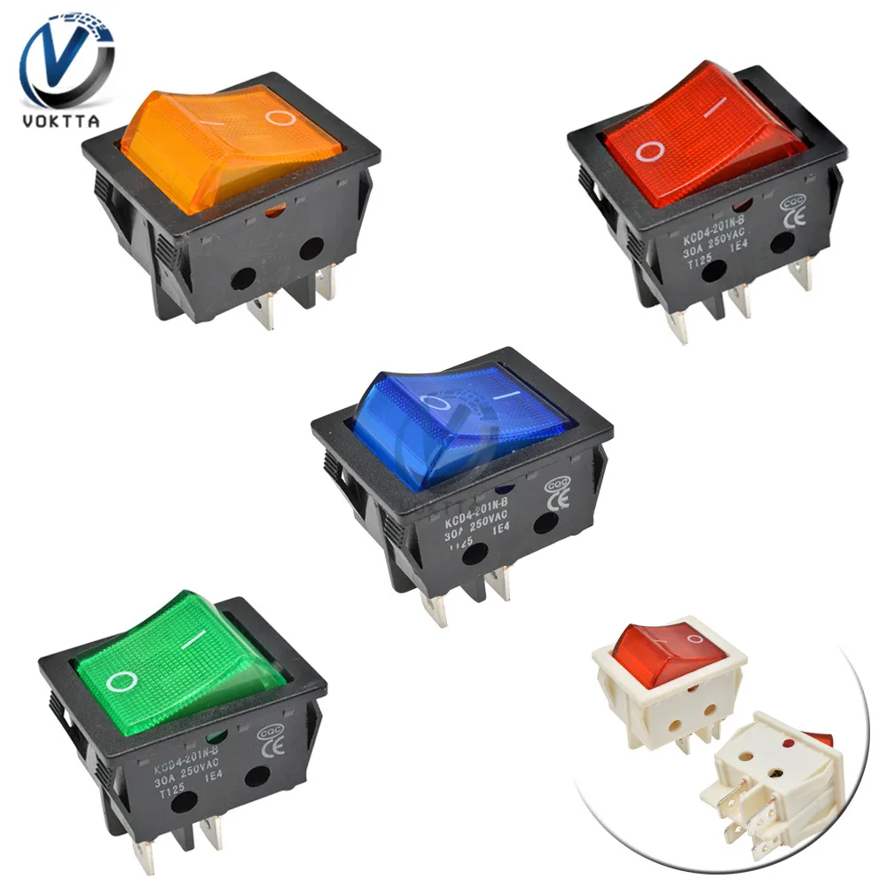 KCD4 25*31mm Rocker Switch Power Switch ON-OFF 2 Position 4/6 Pin Silver Contacts 30A/250V Plug in Rocker switch With Light