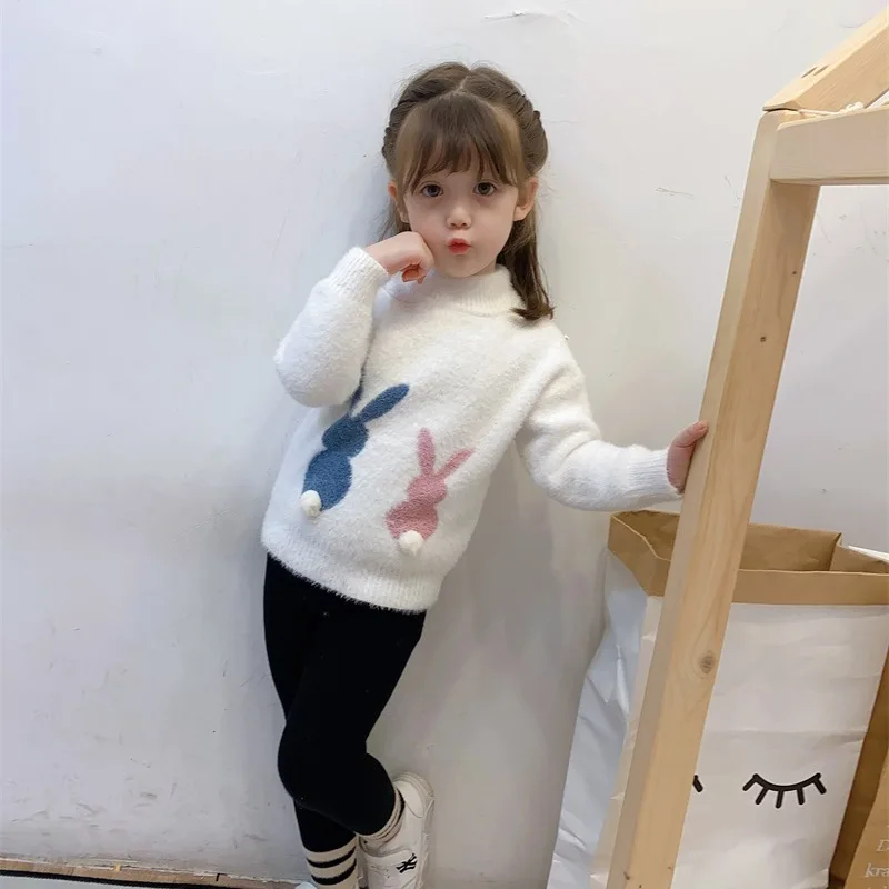 Kids Casual Sweaters for Girls Clothes Autumn Winter 2024 Child Cute Cartoon Rabbit Soft Pullover Toddler Thicken Knitted Tops