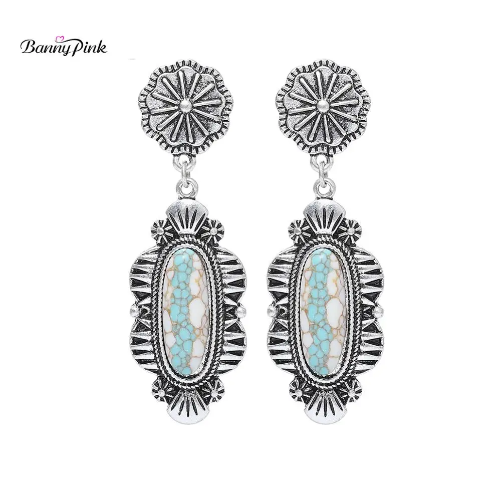 Banny Pink Tibetan Carved Gypsy Pendant Stud Earrings 2-tone Turquoises Statement Earrings Women Indian Stone Chandelier Earring