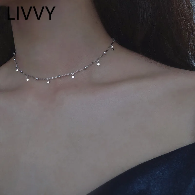 LIVVY  Silver Color Round Bead Discs Clavicle Chain Choker Necklace New Elegant Fashion Party Jewelry