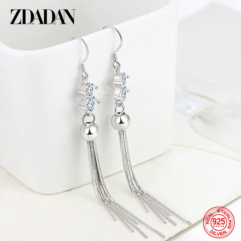 

ZDADAN 925 Sterling Silver CZ Long Dangle Earrings For Women Fashion Wedding Jewelry Gift