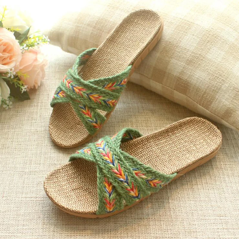 Bohemian Retro Style Linen Slides Summer Cool Indoor Slippers Women Home Sandals