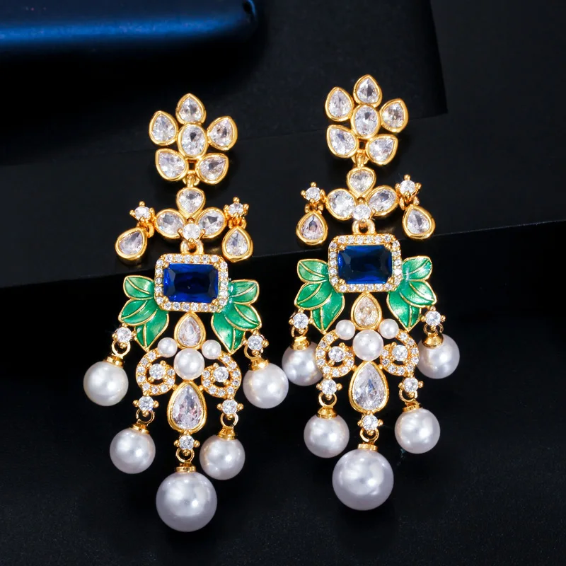CWWZircons Blumen Zirkon Lange Hängeohrringe mit Perlen für Frauen Afrikanische Brautohrringe aretes de mujer modernos Großhandel E0375 – Detail 10