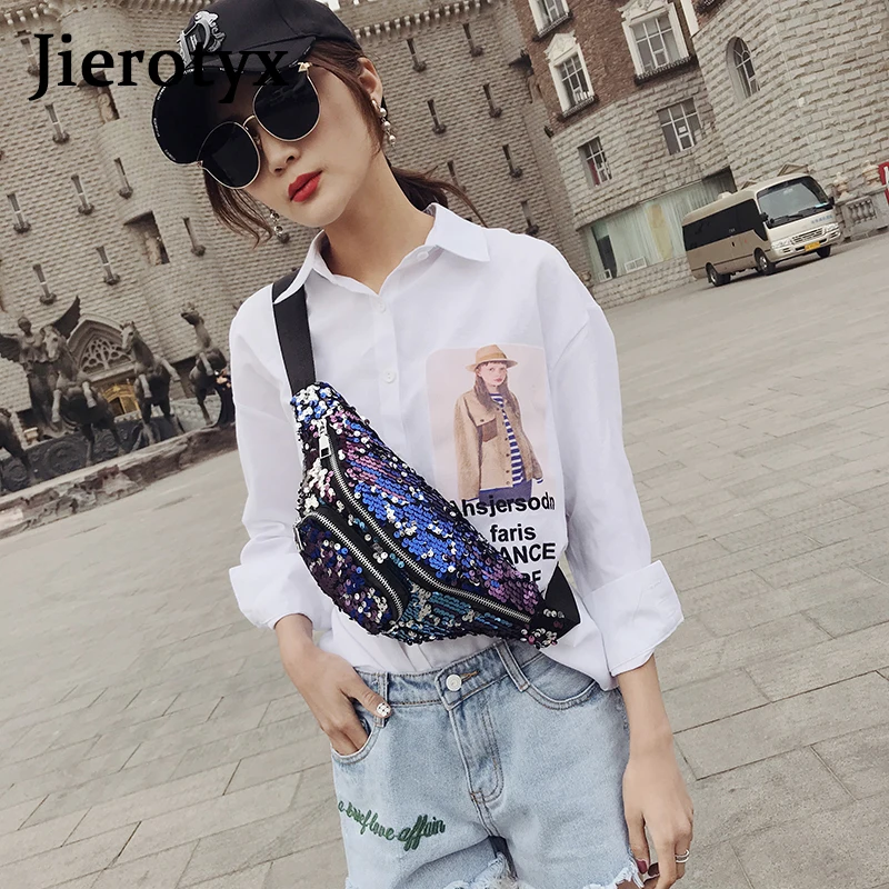 JIEROTYX Waist Bag For Women Fashion Chest Pack Luxury Brand Paillette Casual Travel Bum Belt Bag Belly Bags Women\'s Fanny Pack