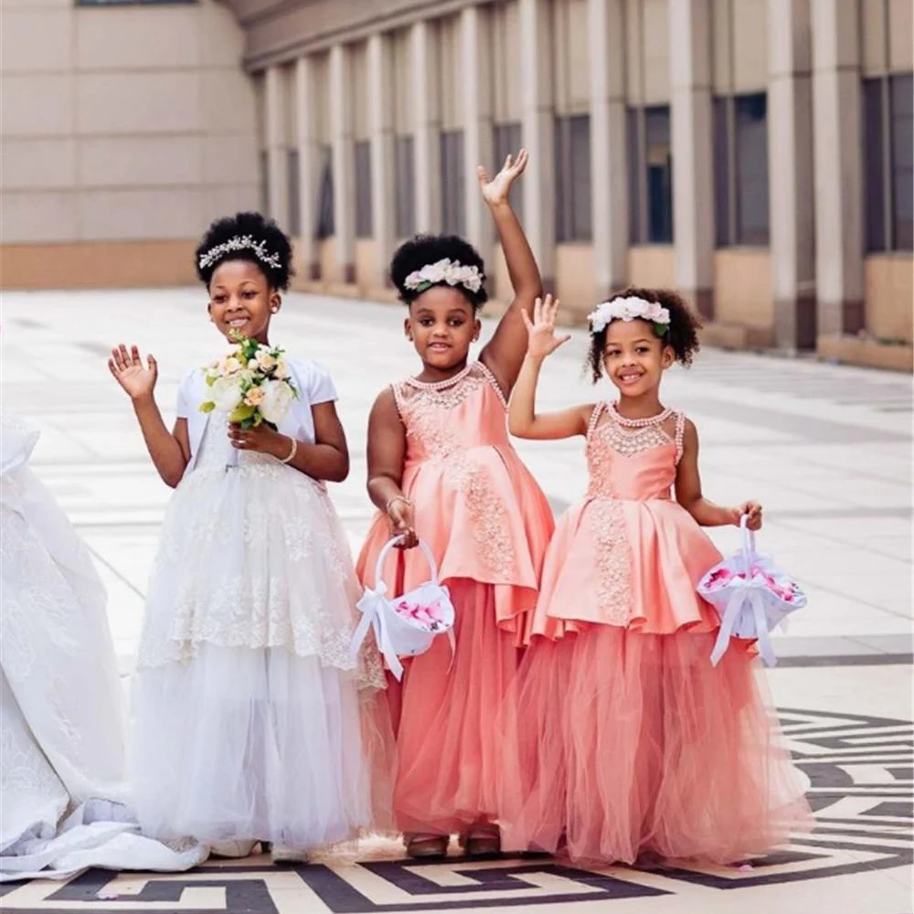 

O-Neck African Black Girl Lace Appliqied A-line Flower Girl Dress Blush Pink Princess Ball Gown Girl Formal Dress Pageant Party