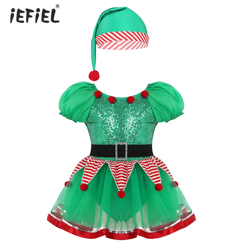 

Kids Girl Christmas Theme Party Cosplay Costume Dancewear Girls Dress Outfit Short Puff Sleeves Mesh Tutu Leotard Dress with Hat