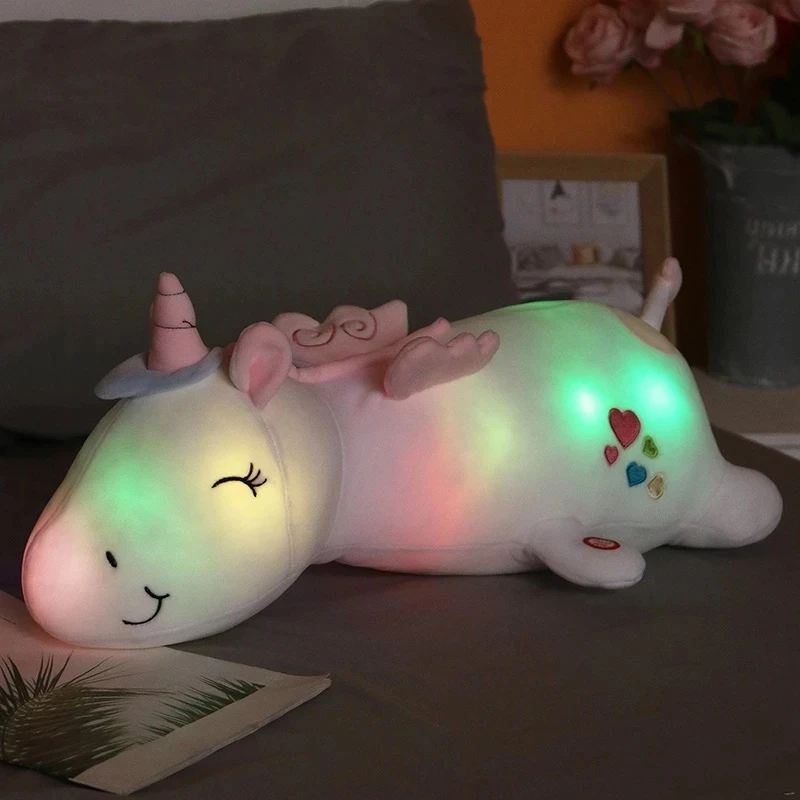 60-125cm Giant Cute Glowing LED Light Unicorn Plush Toys Lovely Luminous Animal Pillow Stuffed Dolls for Children Kids Gifts