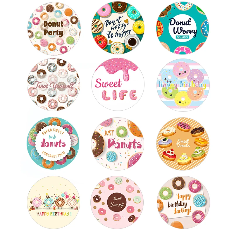 1.8inch Donut Party Birthday Stickers Donut Grow Up Sweet Happy Birthday DIY Decoration Seal Label Stickers Party Favor Packing