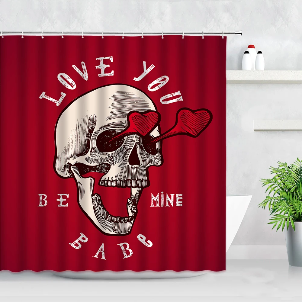 Funny Skull Skeleton Halloween Shower Curtain Red Heart Day of the Dead Home Wall Decor Cloth Bathroom Waterproof Bath Curtains