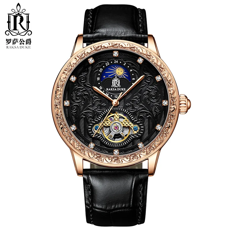 Luxury Watch for Men RAKSA DUKE T890B Men Mechanical Wristwatches Push Button Hidden Clasp Zirconium Diamonds Scale Moon Phase