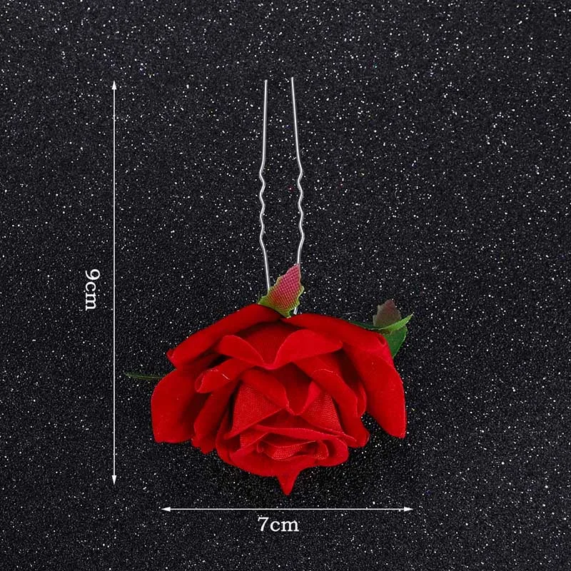 U Shaped Red Hairpins Hair Clips Wedding Hair Accessories For Women Rose Flower Headpieces Forks Bride Headdress Hair Jewelry