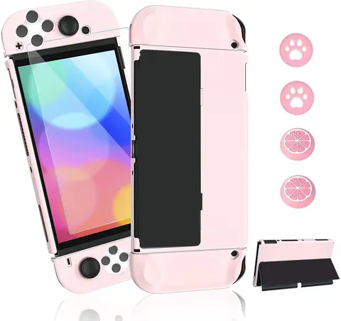 Nintendo Switch 용 완전 보호 도킹 가능 핑크 케이스 스위치 OLED 콘솔 및 Joycon 용 OLED 액세서리 커버 (유리 필름 포함)
