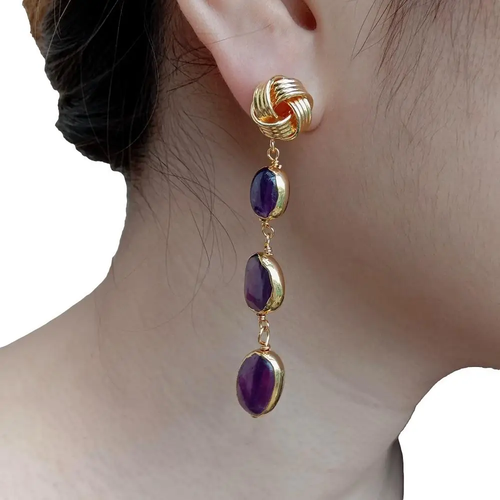 YYGEM Natural Purple Amethyst Freeform With Electroplated Dangle Handmade wrap stud Earrings