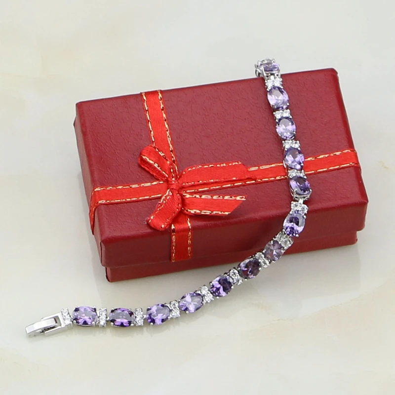 925 Sterling Silver Jewelry Purple Zircon White CZ Charm Bracelets For Women Free Gift Box&Shipping S097