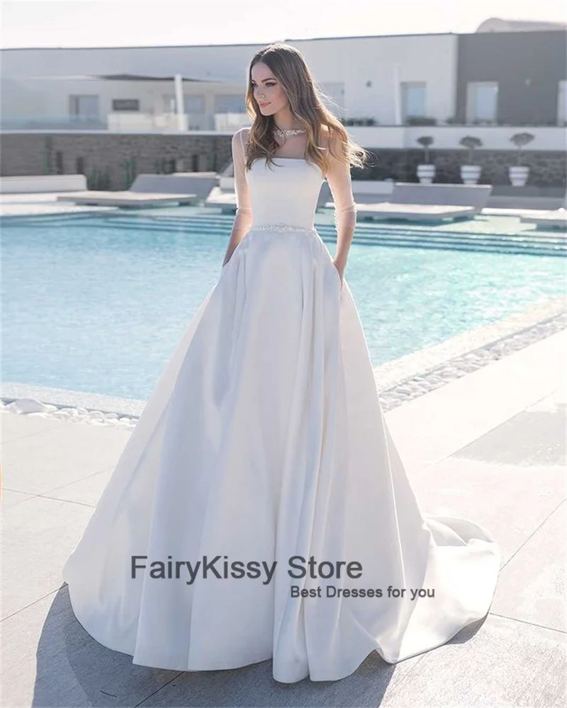 FairyKissy Off the Shoulder abiti da sposa in raso con cintura allacciata Backless Beach abiti da sposa una linea Sweep Train 2022