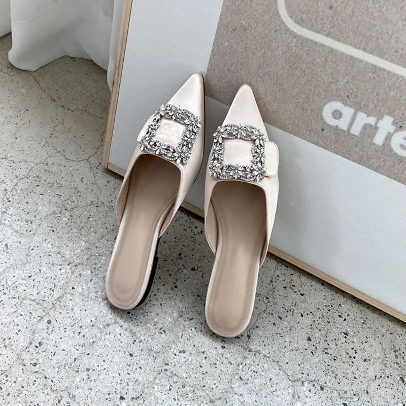 Slipper Outer Wear Female Spring Summer Pointed Shallow Mouth Man-made Diamond Buckle Flat Muller Lazy Leisure Slippers