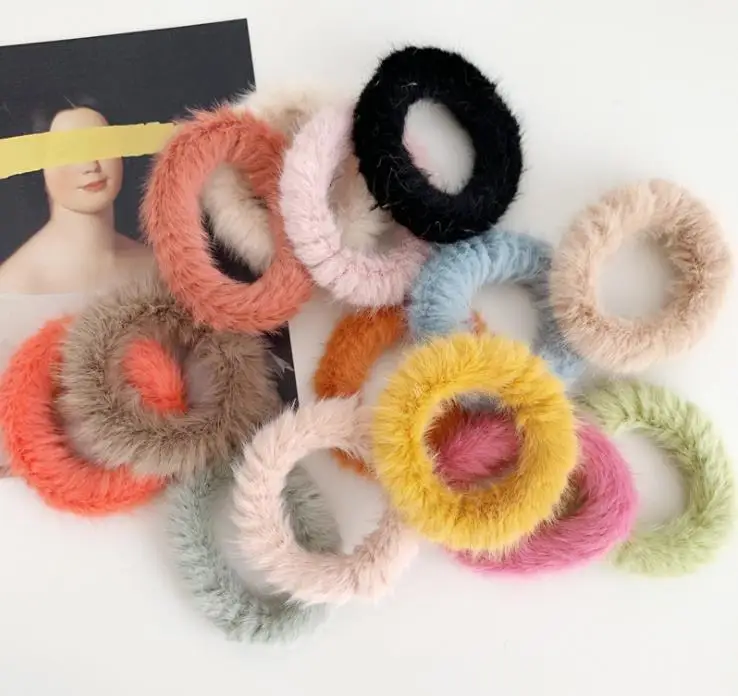 Hot Faux Fur Pom Poms Hair Scrunchies Elastic Hair Bands Solid Artificial Rabbit Hair Ties Girls Hair Accessories