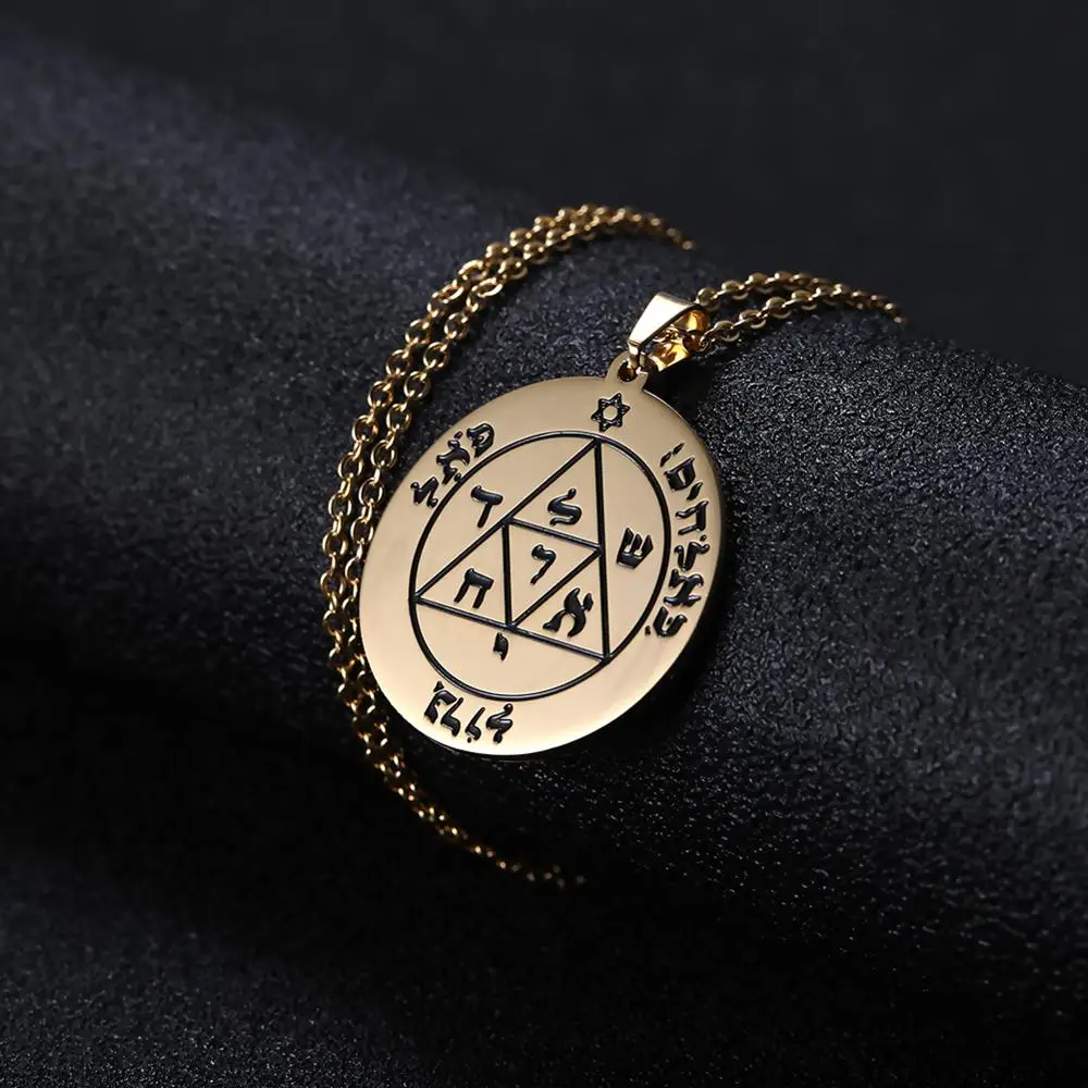 Key of Solomon Round Pendant Necklace Pentacle of Jupiter Saturn Star of David Talisman Amulet Stainless Steel Long Necklaces