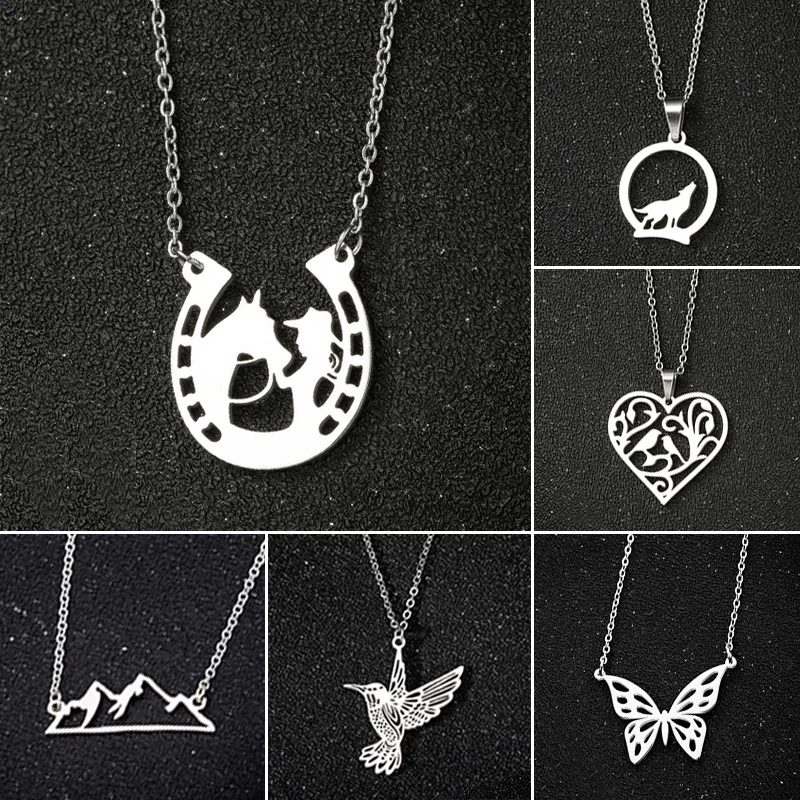 Stainless Steel Necklaces for Women Fashion Snow Mountain Hummingbird Butterfly Wolf Heart Pendant Necklace femme Christmas Gift