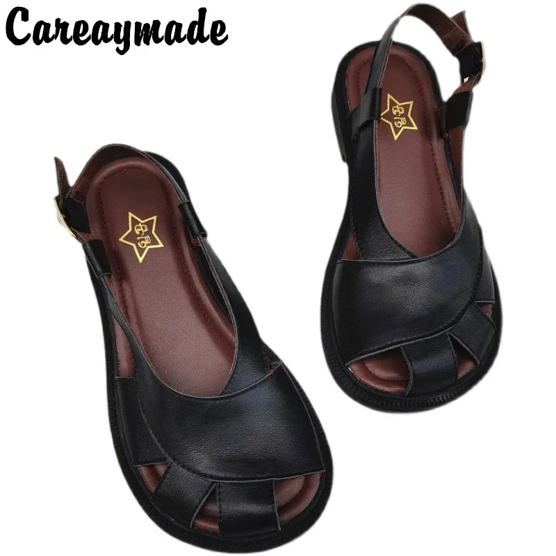 Careaymade-Genuine Leather big shoes wide sandals women\'s original Leather Handmade single breathable soft sole casual sandals