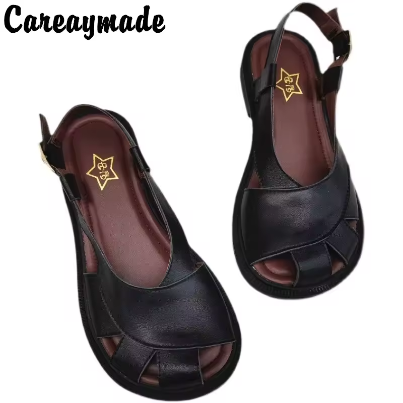 Careaymade-Genuine Leather wide toe big size sandals women's shoes original Handmade single breathable soft sole casual sandals