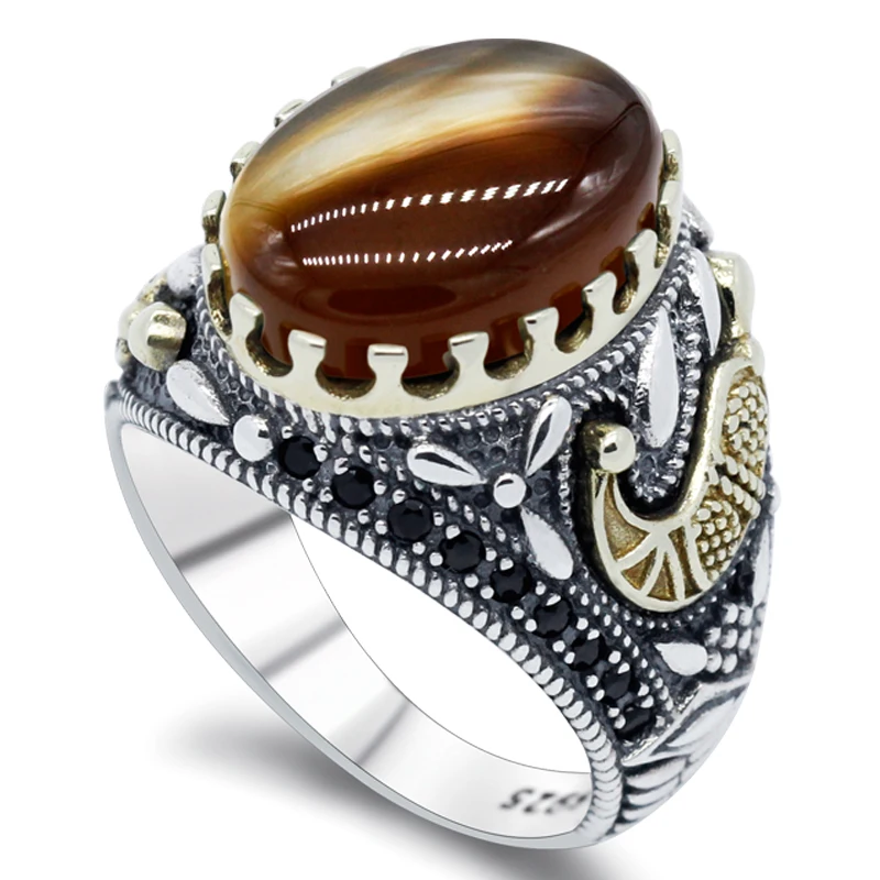 Türkiye Handmade Ring s925 Sterling Silver Vintage Fashion Natural Brown Ocean Agate Religious Muslim Islamic Men\'s Jewelry Gift