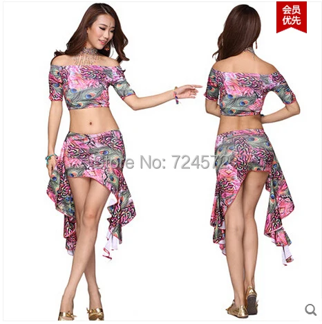 Belly dance costume leopard Peacock top+milk silk short skirt 2pcs/set for belly dancing set