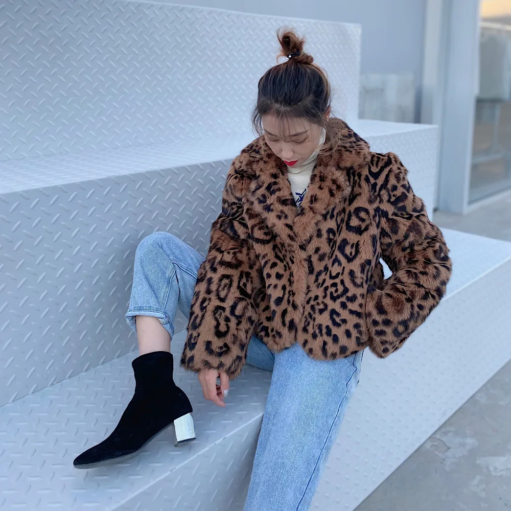 2021Winter Women Real Rex Rabbit Fur Coats  Fashion Short Leopard Overcoat Simple Warm Ladies Outerwear Luxurious Street New