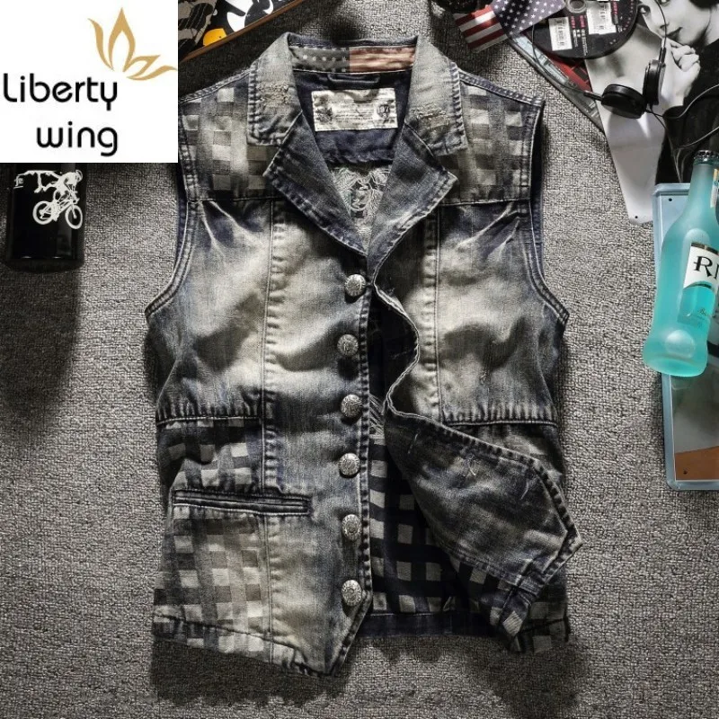 

Men Casual Suits Denim Vest Slim Fit Single Breasted Sleeveless Jeans Jacket Plaid Cowboy Embroidery Waistcoat Outerwear Tops