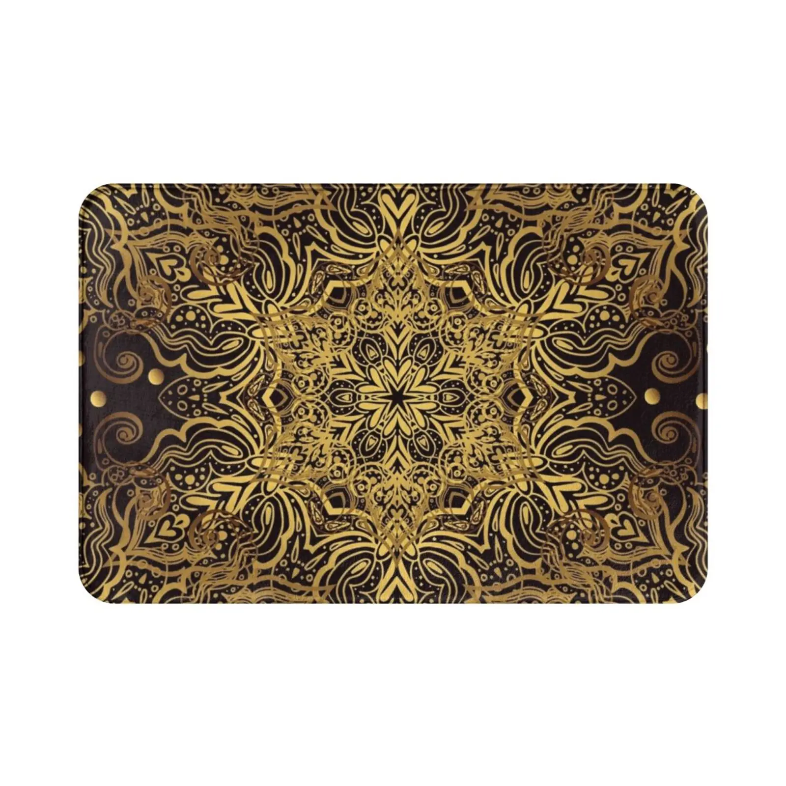 Luxe Ornate Golden Yellow & Black Zen Mandala Filigree Pattern Carpet Mat Rug Cushion Soft Golden Yellow Black