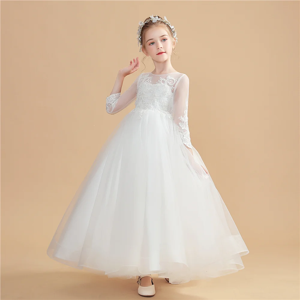 Appliques Princess Flower Girl Dress For Kids Wedding First Communion Festivity Celebration Birthday Party Ball Gown Event Prom