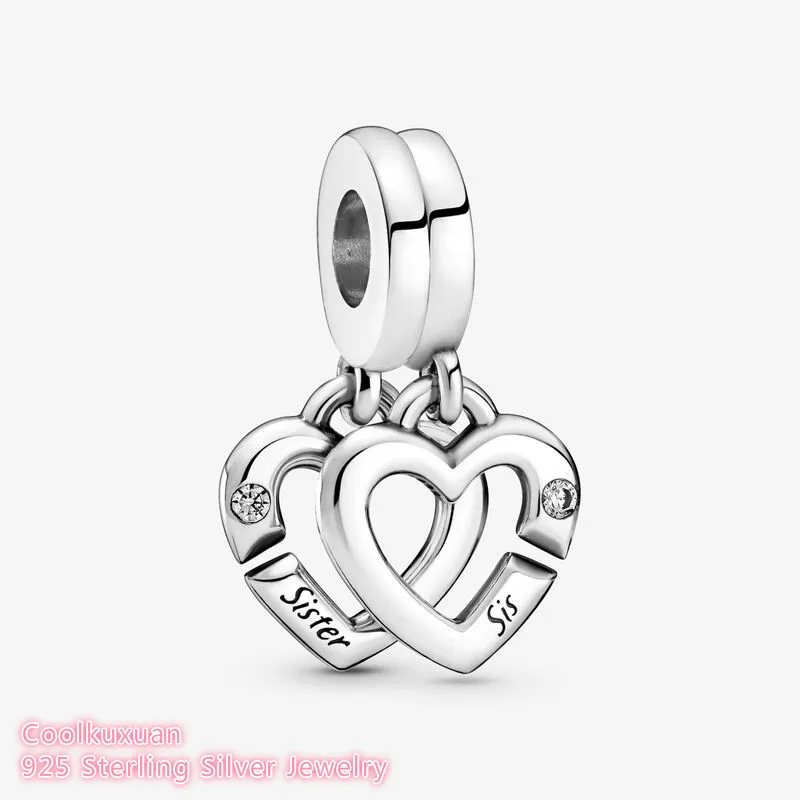 Original 925 Sterling Silver Linked Sister Hearts Split Dangle Charm beads Fits Pandora bracelets Jewelry Making Autumn