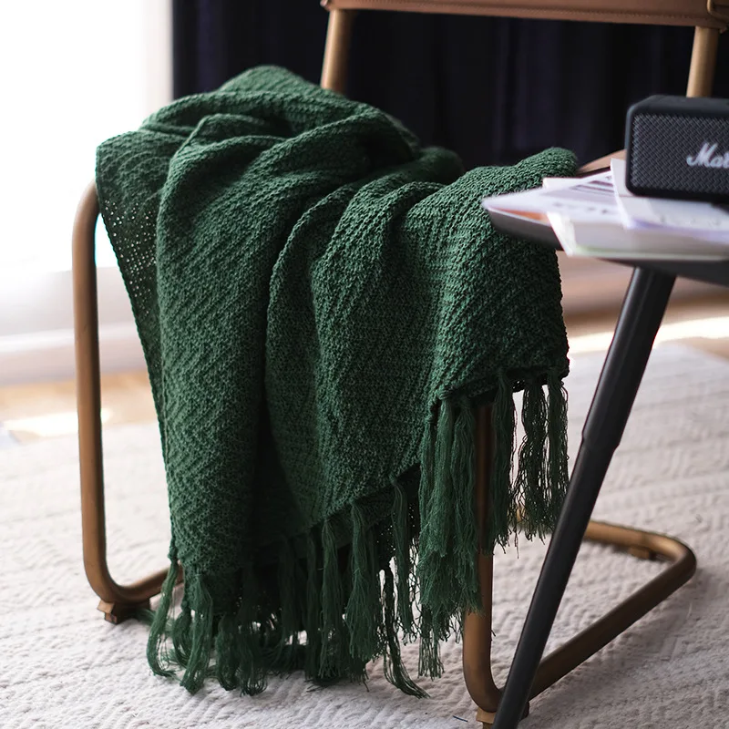 130X170CM Nordic Pure Color Knitted Blanket Blue Mustard Yellow Soft Tassel Sofa Blanket Rug Home Decoration Leisure Blankets