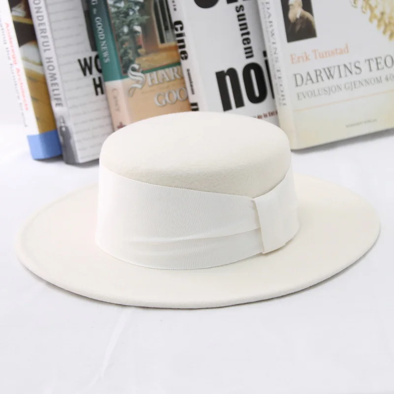 Womens Vintage 100% Wool Felt Bowler Boater Hat Flat Top Fedora Hat Elegant Female Church Derby Hat with Ribbon Band